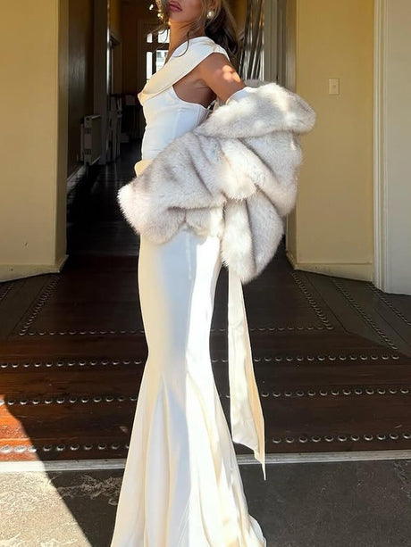 Aurohaya Elegant Pleated Fishtail Ribbon Fitted Party Maxi Dress