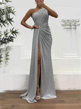 Elegant Sequins One-Shoulder Slit Pleats Evening Maxi Dress