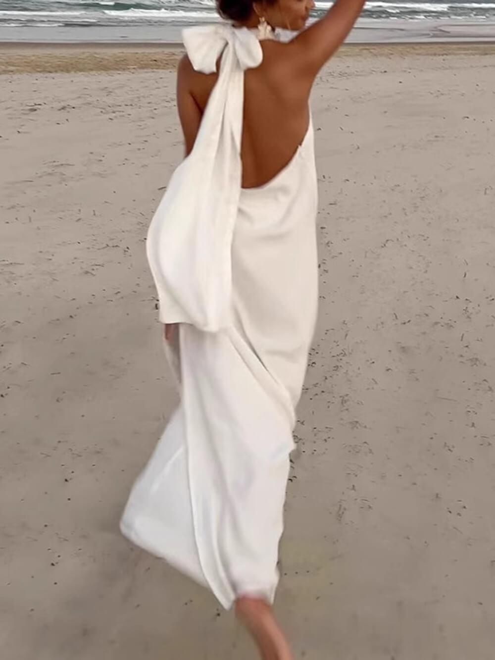 Aurohaya Retro Floral Crochet Satin Halter Backless Tie Maxi Dress