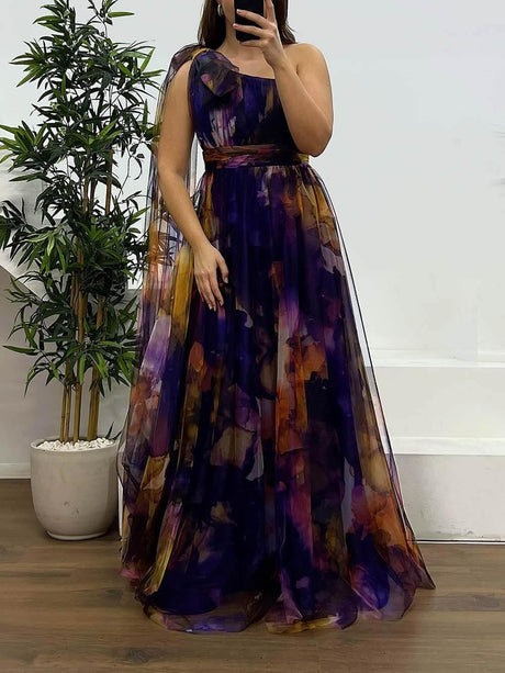 Aurohaya Elegant Printed One-Shoulder Chiffon Plus Size Tulle Evening Dress Purple