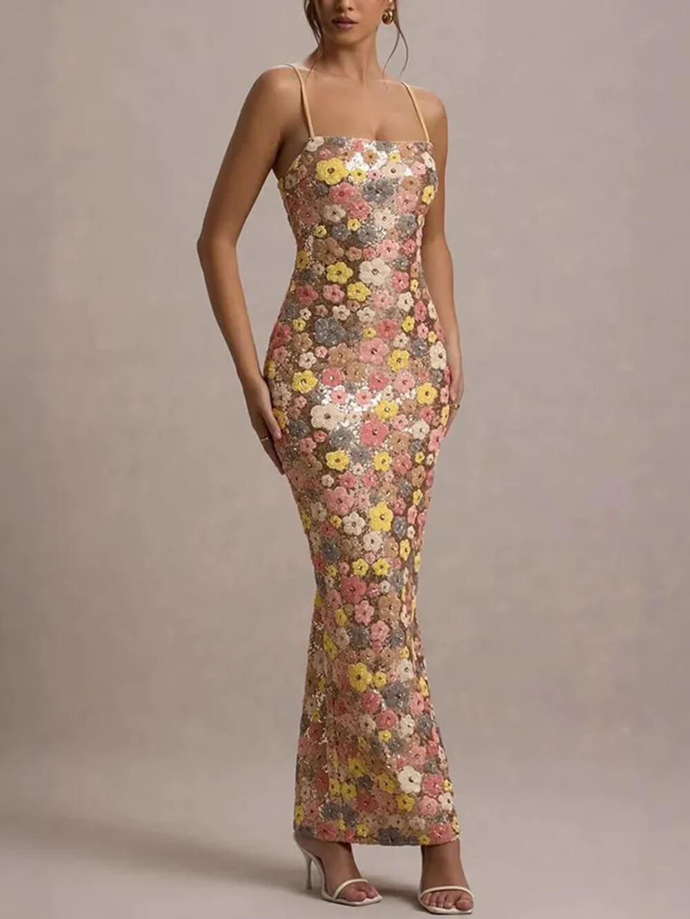 Aurohaya Retro Inspired Floral Print Sequin Square Neck Slip Stretch Maxi Dress