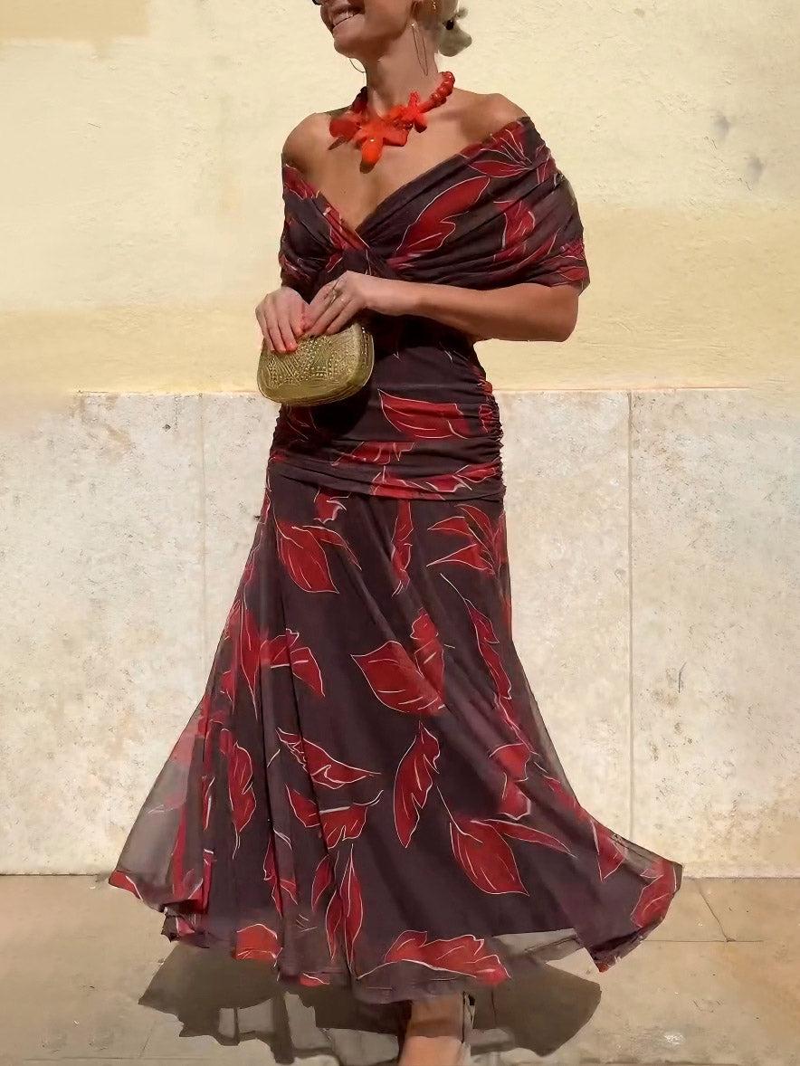 Aurohaya Elegant Off-Shoulder Ruched Leaf Print Maxi Dress