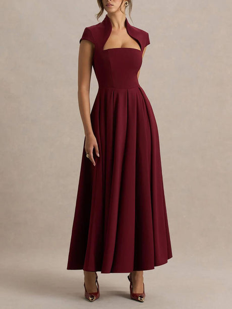 Aurohaya Elegant Asymmetrical Neckline Maxi Dress Burgundy