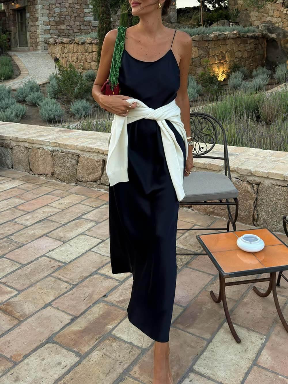 Aurohaya Casual Satin Backless Cami Maxi Dress