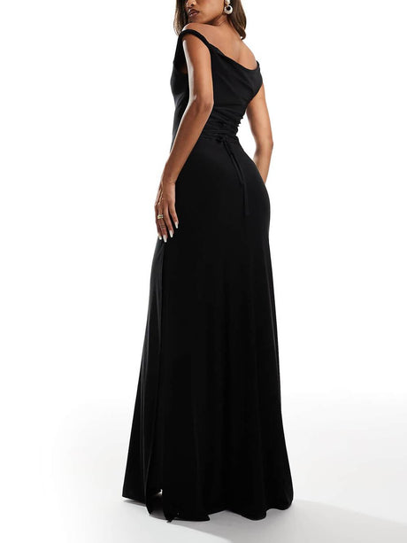 Aurohaya Elegant Off-Shoulder Twist Back Tie Maxi Dress