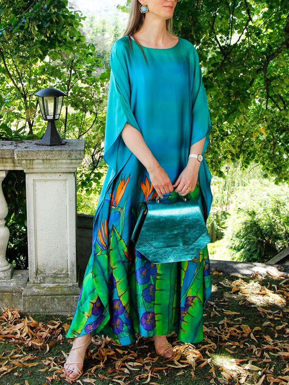 Aurohaya Bohemian Floral Print Satin Maxi Dress