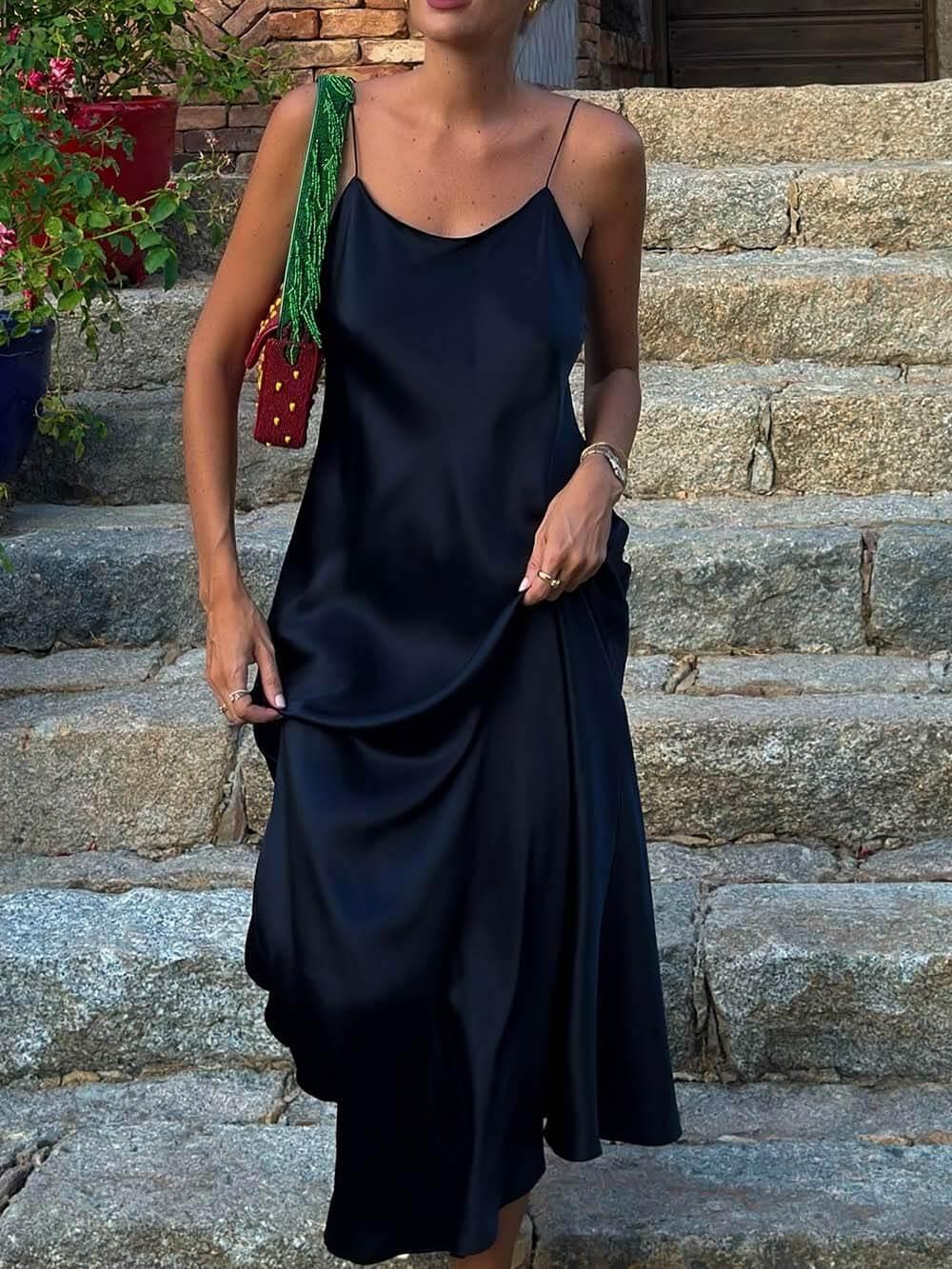 Aurohaya Casual Satin Backless Cami Maxi Dress Black
