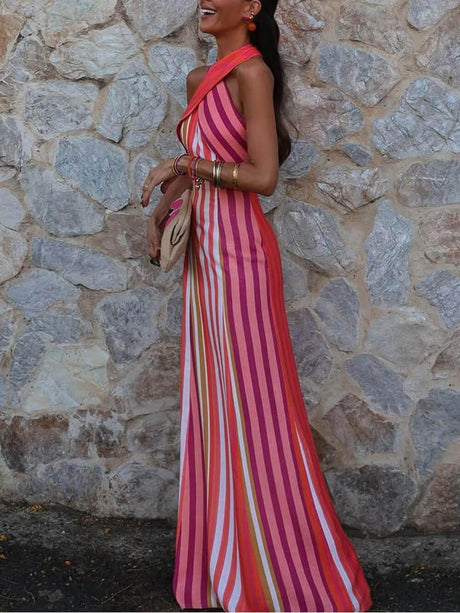 Aurohaya Summer Sunset Samba Cross-Strap Striped Maxi Dress