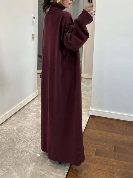 Aurohaya Elegant High-Neck Ribbed Knit Sleeveless Maxi Dress