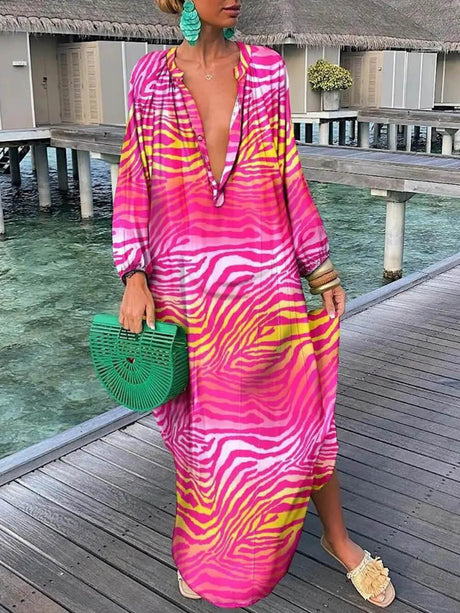 Aurohaya Bohemian V-Neck Printed Maxi Dress