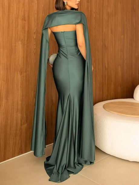 Aurohaya Elegant Strapless Cape Evening Maxi Dress
