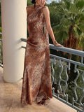 Sexy Leopard Print High Neck Cape Maxi Dress