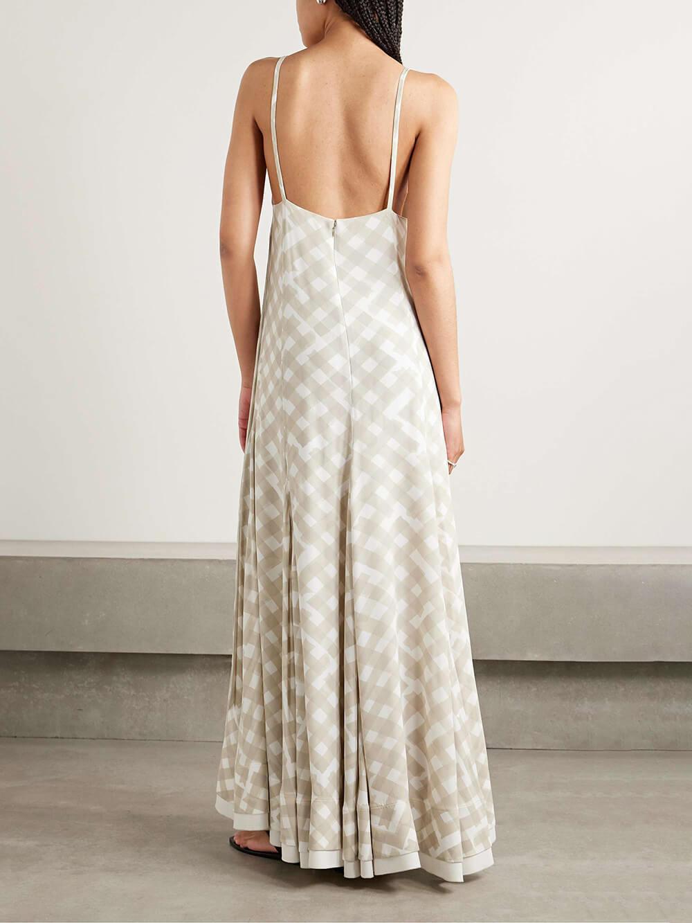 Aurohaya Elegant Plaid Print Pleated Crepe Maxi Dress