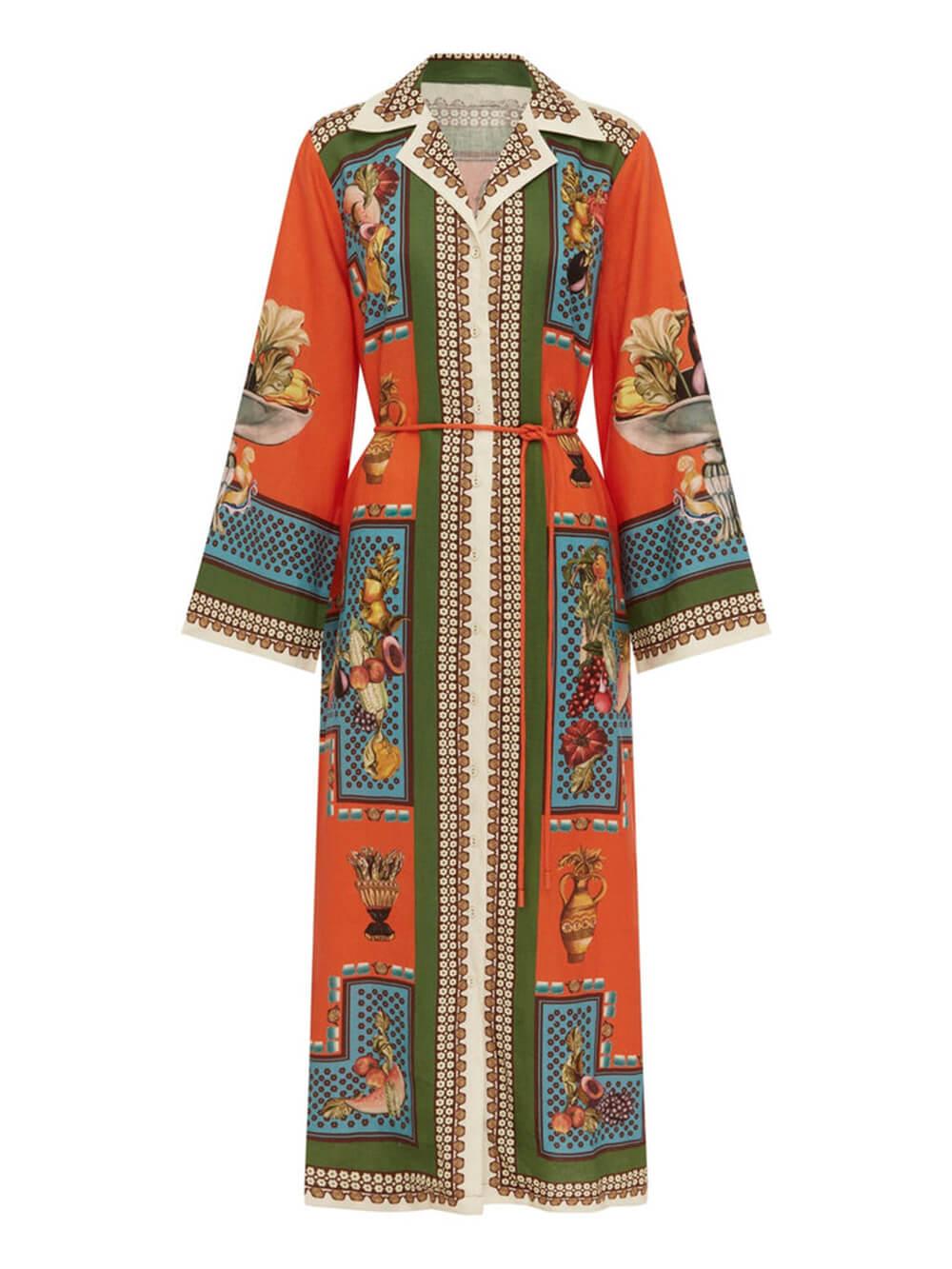 Aurohaya Classic Modern Unique Print Patchwork Loose Belted Shirt Silhouette Maxi Dress