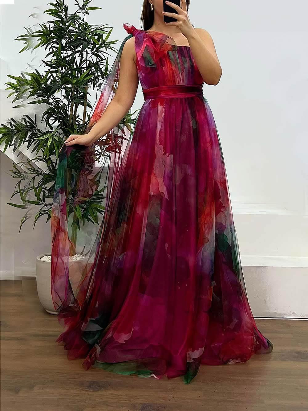 Aurohaya Elegant Printed One-Shoulder Chiffon Plus Size Tulle Evening Dress