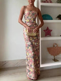 Aurohaya Retro Inspired Floral Print Sequin Square Neck Slip Stretch Maxi Dress