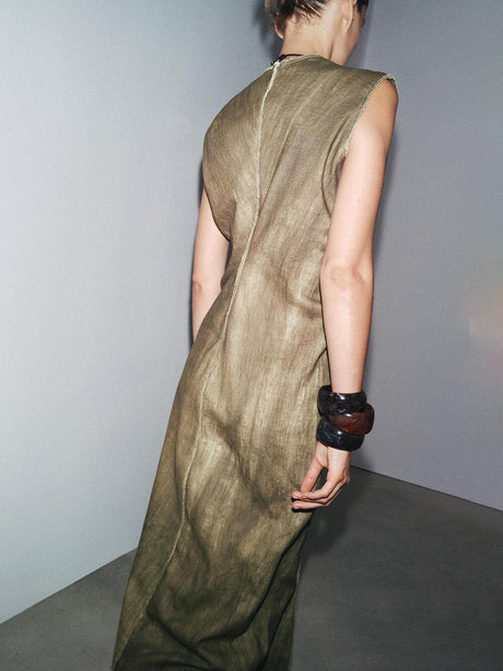 Aurohaya Exquisite Abstract Tie-Dye Print Linen Sleeveless Vacation Midi Dress