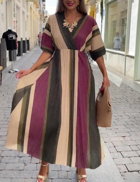 Aurohaya Elegant Irregular Stripe Print Pleated Maxi Dress Rose Red