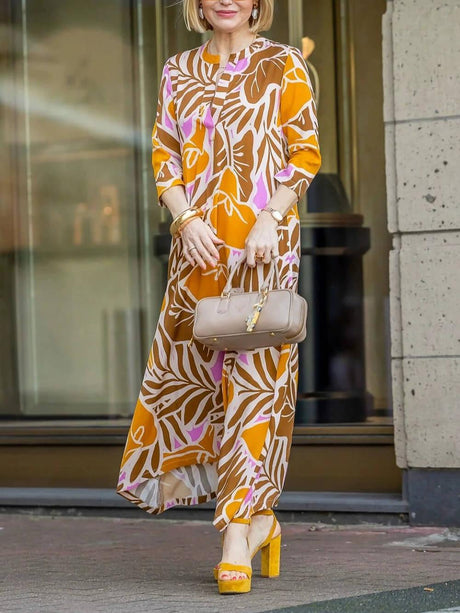 Aurohaya Casual Effortless V-Neck Printed Vacation Maxi Dress Orange