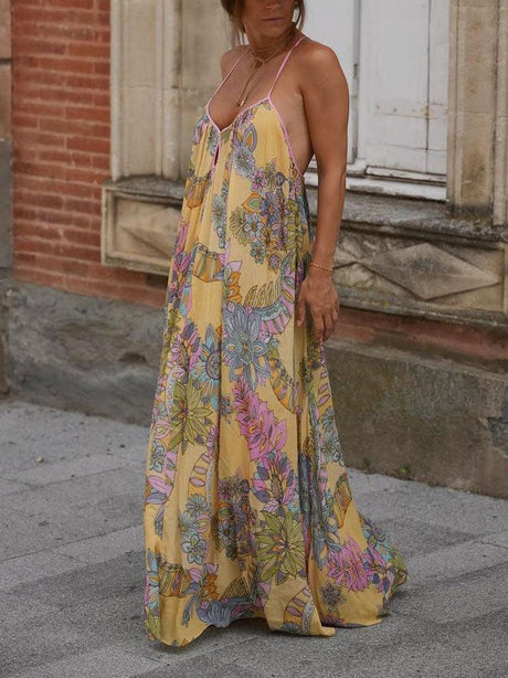 Aurohaya Exquisite Bohemian Print Chiffon Flowy Maxi Dress