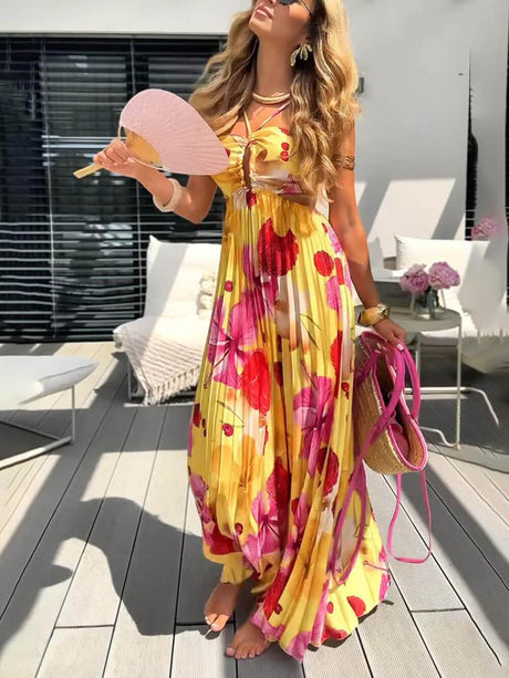 Aurohaya Beautiful Summer Print Ruched Ruffle Backless Tie Maxi Dress Pink