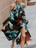 Elegant Cold Shoulder Abstract Print Maxi Dress