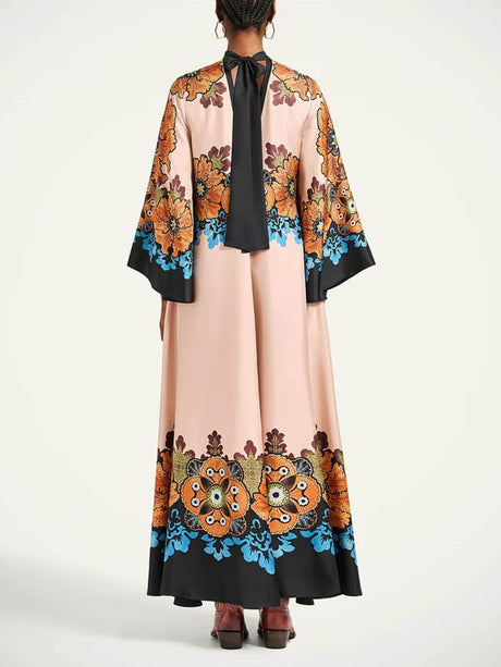 Aurohaya Exquisite Floral Print V-Neck Loose-Fit Maxi Dress