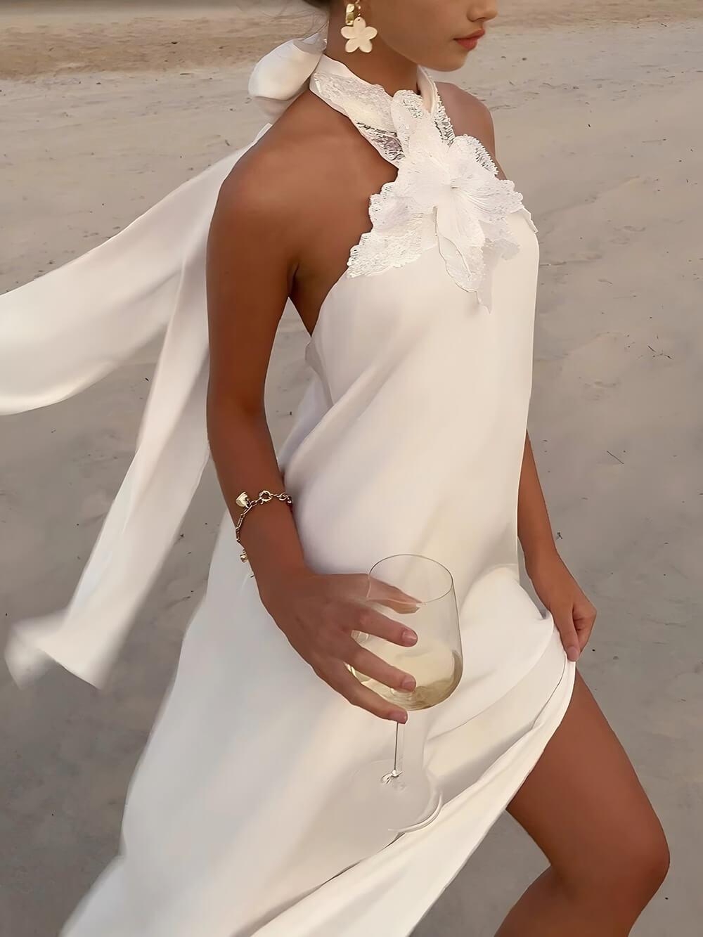 Aurohaya Retro Floral Crochet Satin Halter Backless Tie Maxi Dress White