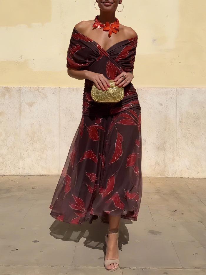 Aurohaya Elegant Off-Shoulder Ruched Leaf Print Maxi Dress Brown