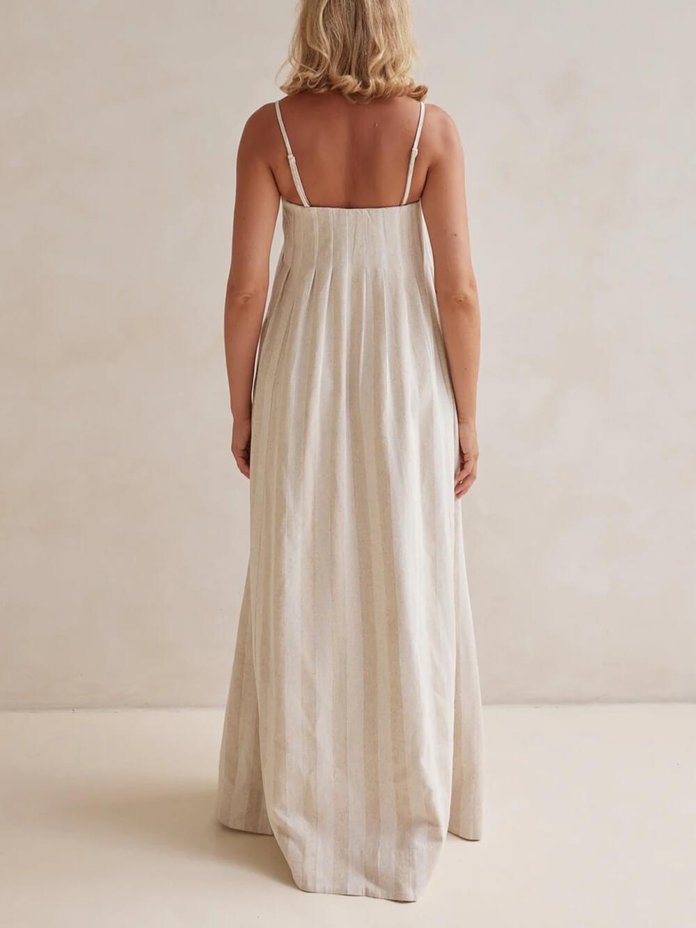 Aurohaya Delicate Striped Patchwork Ruched Casual Cami Maxi Dress