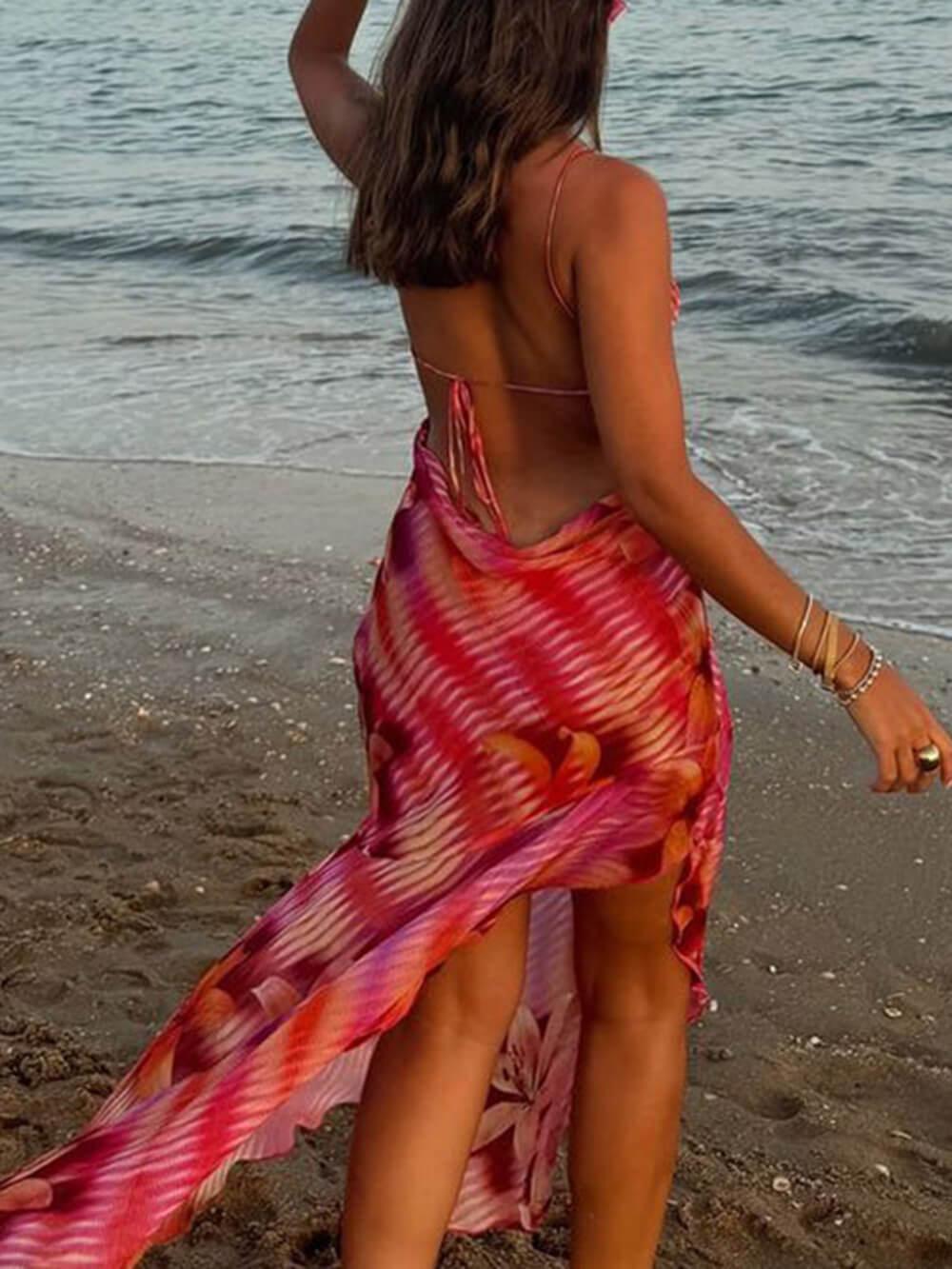 Aurohaya Elegant Printed Strappy Bodycon Silhouette Backless Slit Dress