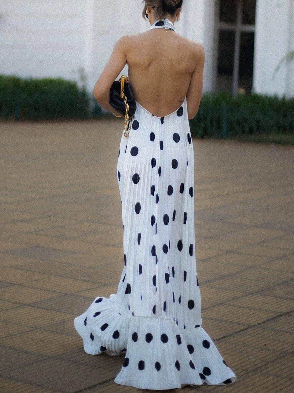 Aurohaya Elegant Polka Dot Backless Halter Evening Gown Maxi Dress