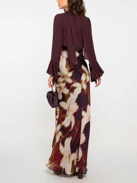 Aurohaya Elegant Chiffon Shirt Vintage Floral Print Long Dress Set