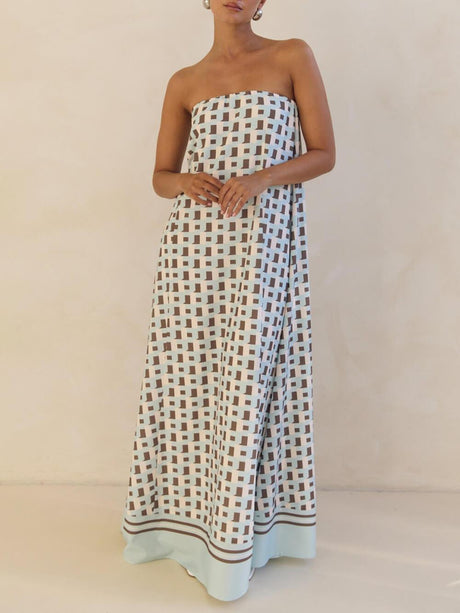 Aurohaya Exclusive Geometric Print Off-Shoulder A-Line Maxi Dress