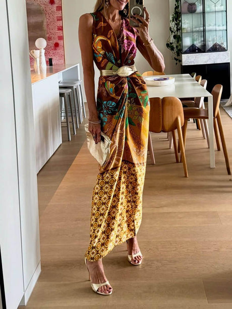 Aurohaya Delicate Floral Print V-Neck Twisted Draped Satin Maxi Dress