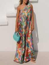 Elegant Breeze Satin Unique Print Bow One Shoulder Loose Maxi Dress