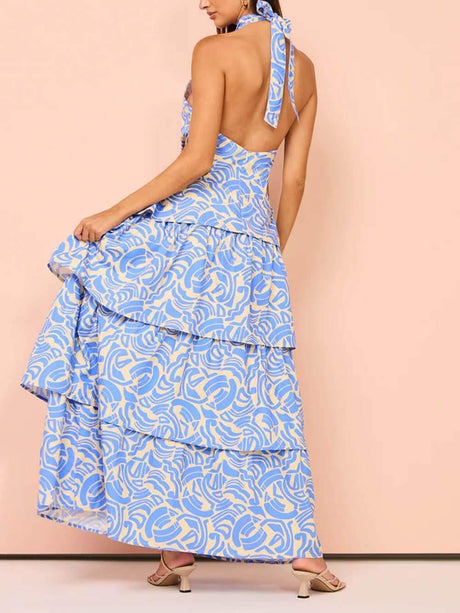 Aurohaya Delicate Blue Swirl Print Halter Neck Backless Maxi Dress