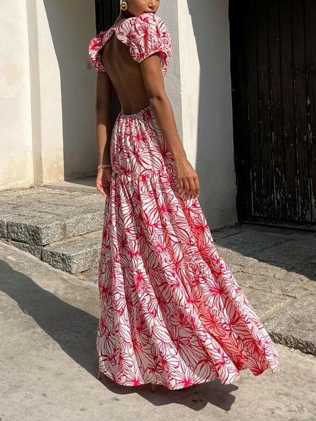 Aurohaya Beautiful Floral Print Cutout Open Back Pleated Maxi Dress