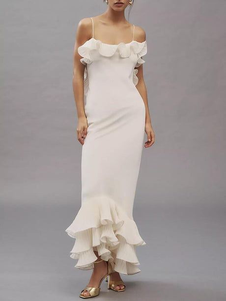 Aurohaya Elegant Pleated Chiffon Ruffle Trim Spaghetti Strap Maxi Dress