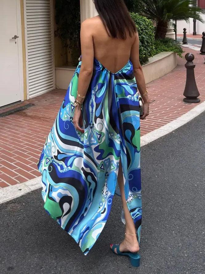 Aurohaya Elegant Halterneck Abstract Floral Print Midi Dress