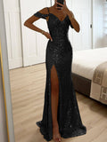 Elegant V-Neck Sequin Side-Slit Sleeveless Gown Maxi Dress