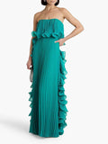 Aurohaya Elegant Chiffon Pleated Wavy Ruffles Trim Strapless Loose Maxi Dress Green