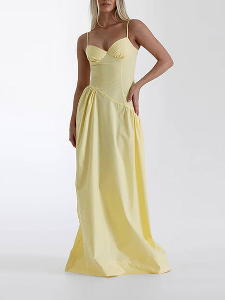 Aurohaya Summer A-Line Fitted Vacation Spaghetti Strap Maxi Dress