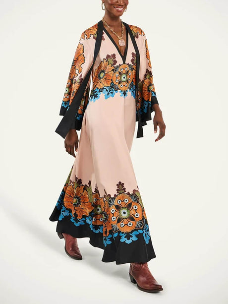 Aurohaya Exquisite Floral Print V-Neck Loose-Fit Maxi Dress
