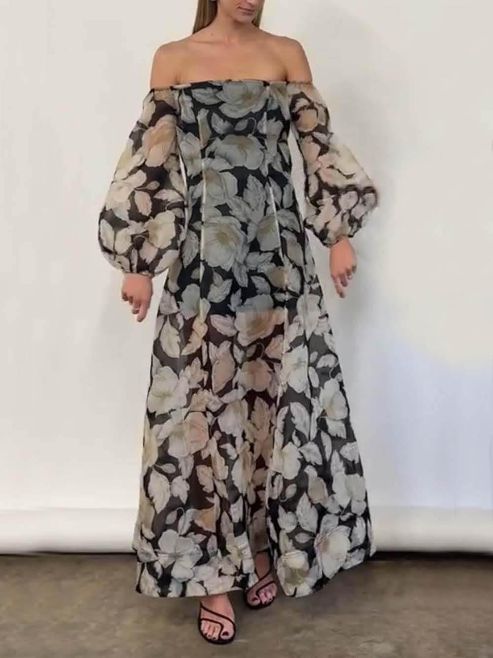 Aurohaya Elegant Off-Shoulder Printed Puff Sleeve Maxi Dress