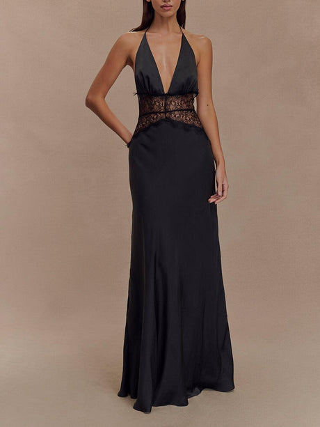 Aurohaya Elegant Lace-Panel V-Neck Lace-Up Satin Maxi Dress Black