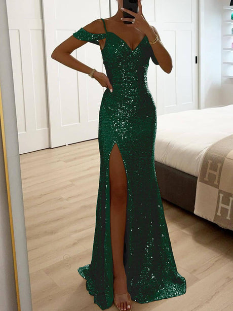 Aurohaya Elegant V-Neck Sequin Side-Slit Sleeveless Gown Maxi Dress