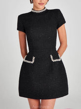 Aurohaya Exquisite And Playful Pearl Trim Pocket Mini Dress Black