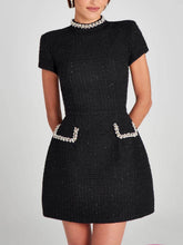 Aurohaya Exquisite And Playful Pearl Trim Pocket Mini Dress Black