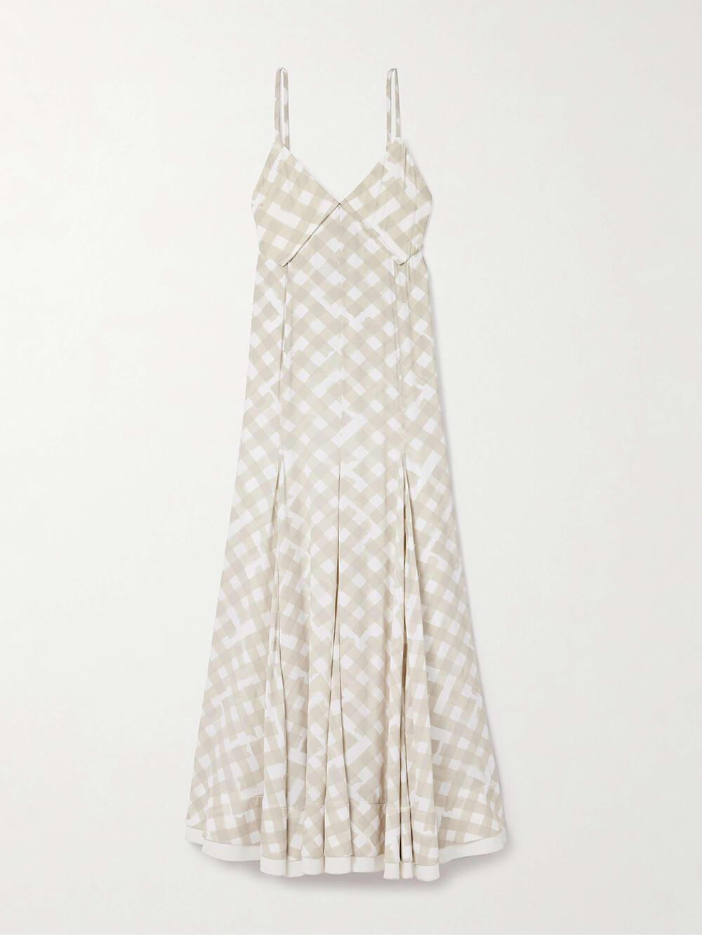 Aurohaya Elegant Plaid Print Pleated Crepe Maxi Dress